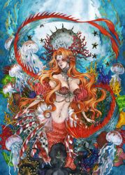 1girl animal_request arms_at_sides bare_shoulders between_breasts bikini braid breasts collar commentary coral coral_hair_ornament crown detached_sleeves english_commentary eyeshadow facial_mark feet_out_of_frame fins fish forehead_mark frilled_collar frills gem half_up_braid head_fins highres jellyfish long_hair looking_to_the_side makeup mark_under_both_eyes medium_breasts mermaid midriff monster_girl navel_piercing octopus orange_hair original painting_(medium) parted_lips pearl_(gemstone) piercing puffy_detached_sleeves puffy_short_sleeves puffy_sleeves red_collar red_eyeshadow red_lips red_scales seashell shell shell_bikini shell_hair_ornament short_sleeves smile solo starfish traditional_media underwater urkme95 very_long_hair watercolor_(medium) wavy_hair