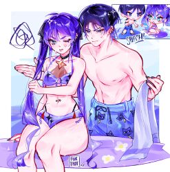 1boy 1girl alternate_costume anger_vein animal_print annoyed aqua_eyes aqua_nails arm_at_side artist_name bad_anatomy bad_leg bare_shoulders beads bikini black_bow black_choker black_sandals blunt_ends bodystocking bow bracelet cat_print chibi choker clenched_hand closed_mouth collarbone contemporary cross-shaped_pupils ear_piercing eyebrow_piercing eyelashes eyeliner eyeshadow face_piercing foxtrot_(foxtrot_xx) genshin_impact glint gold hair_between_eyes hair_bow hair_intakes hetero highres jewelry long_hair looking_at_another makeup male_swimwear mona_(genshin_impact) navel navel_piercing o-ring o-ring_bikini one_eye_closed open_hands outstretched_arms pectorals piercing pink_lips purple_bikini purple_hair purple_nails red_eyeliner red_eyeshadow sandals scaramouche_(cat)_(genshin_impact) scaramouche_(genshin_impact) seiza short_eyebrows sitting skindentation spread_arms squiggle standing star_(symbol) star_choker star_print surfboard swim_trunks swimsuit symbol-shaped_pupils thick_thighs thighs toned toned_male topless_male tsurime twintails very_long_hair wet