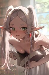 1girl absurdres blush boobs_in_book_(meme) book commentary corrupted_twitter_file covering_breasts covering_privates day earrings english_commentary frieren green_eyes grey_hair highres holding holding_book indoors jewelry leaning_forward long_hair looking_to_the_side meltyrice meme pointy_ears small_sweatdrop solo sousou_no_frieren topless_female very_long_hair window