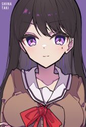 Rule 34 | 1girl, absurdres, bang dream!, bang dream! it&#039;s mygo!!!!!, black hair, blush, breasts, brown dress, character name, chinese commentary, closed mouth, collarbone, commentary request, dress, hanasakigawa school uniform, highres, large breasts, long hair, looking at viewer, mole, mole under eye, neck ribbon, purple background, purple eyes, red ribbon, ribbon, sailor collar, sailor dress, school uniform, shiina taki, simple background, solo, upper body, white sailor collar, zhong xiansheng