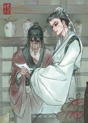 2boys absurdres bag bandaged_arm bandages black_eyes black_hair bottle box bun_cover chinese_clothes chinese_commentary chumo-qulingxiao coin coin_mask coin_on_string covered_mouth dao_gui_yi_xian faux_traditional_media gourd hair_bun hair_ribbon half_updo hanfu height_difference highres holding holding_paper holed_coin indoors ink_wash_painting li_huowang long_hair long_sleeves looking_at_object looking_down male_focus mask mouth_veil multiple_boys paper parted_lips red_hanfu ribbon robe scar scar_on_chest seal_impression shelf single_hair_bun smile standing updo vase veil white_hanfu white_ribbon wide_sleeves zhuge_yuan
