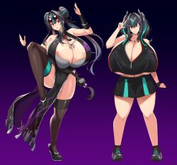 1girl areola_slip azur_lane black_hair black_thighhighs bra breasts bremerton_(azur_lane) bremerton_(kung_fu_cruiser)_(azur_lane) bremerton_(scorching-hot_training)_(azur_lane) bridal_gauntlets chinese_clothes cleavage covered_erect_nipples curvy double_bun full_body gigantic_breasts green_hair hair_bun hair_intakes hair_ornament hair_over_shoulder hair_ribbon hairclip highres kloah large_areolae leg_up long_hair looking_at_viewer medium_hair midriff multicolored_hair multiple_views navel_piercing necktie official_alternate_costume one_eye_closed pelvic_curtain piercing red_eyes revealing_clothes ribbon shiny_clothes shiny_skin shoes sidelocks skirt sleeveless sportswear standing streaked_hair sunglasses tennis_uniform thick_thighs thighhighs thighs twintails two-tone_hair underboob underwear v white_background wide_hips wink