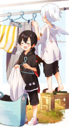 2boys absurdres arms_up bat_wings black_hoodie black_sandals black_shorts black_wings blush child closed_eyes clothes_hanger commentary_request double-parted_bangs far_tarooo grass grey_pants hair_between_eyes highres holding holding_clothes_hanger hood hood_down hoodie kuro_(far_tarooo) laundry laundry_basket long_sleeves male_focus multiple_boys on_stool open_mouth original outdoors pants ponytail sandals shiro_(far_tarooo) shirt shoelaces shoes short_hair short_ponytail shorts sneakers squeans standing stool t-shirt tearing_up two-sided_hoodie unworn_clothes white_hair white_hoodie white_shirt white_shoes white_wings wings yawning
