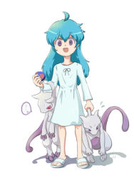 ... 1girl ambertwo_(pokemon) dress gen_1_pokemon great_ball green_eyes hamachi_(kuchiba) holding holding_poke_ball holding_pokemon legendary_pokemon long_hair long_sleeves looking_at_viewer mega_mewtwo_y mega_pokemon mewtwo nintendo open_mouth poke_ball pokemon pokemon:_the_first_movie_-_mewtwo_strikes_back pokemon_(anime) pokemon_(classic_anime) pokemon_(creature) purple_eyes sandals shadow spoken_ellipsis standing sweat white_background white_dress white_footwear