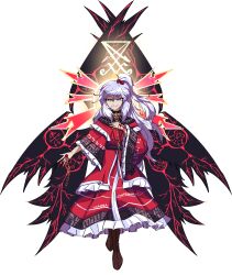 1girl absurdres alternate_design blood blood_on_hands blue_eyes boots brown_boots capelet dress hair_bobbles hair_ornament highres impaled jongk_ok long_hair one_side_up red_dress red_eyes shinki_(touhou) smile solo touhou touhou_(pc-98) transparent_background white_hair wings