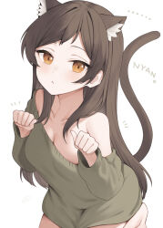 1girl animal_ear_fluff animal_ears binsen breasts brown_eyes brown_hair cat_ears cat_tail cleavage closed_mouth collarbone green_sweater hands_up highres idolmaster idolmaster_million_live! kemonomimi_mode kitazawa_shiho kneeling long_hair long_sleeves simple_background solo sweater tail white_background