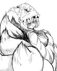 1girl animal_hat asakawa_remon breasts closed_mouth commentary_request cowboy_shot fox_girl fox_tail frown greyscale hair_between_eyes hands_in_opposite_sleeves hat kitsune kyuubi large_breasts looking_at_viewer looking_to_the_side monochrome multiple_tails short_hair simple_background solo tail touhou v-shaped_eyebrows yakumo_ran