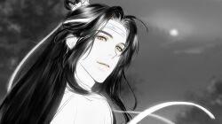 Rule 34 | 1boy, black hair, blurry, chinese clothes, closed mouth, cloud, cloudy sky, full moon, hanfu, headband, highres, korean commentary, lan wangji, limited palette, long hair, looking at viewer, looking back, male focus, modao zushi, monochrome, moon, night, night sky, niken (niken ouo), outdoors, sky, smile, solo, spot color, topknot, upper body, white hanfu, white headband, xiao guan (headdress), yellow eyes