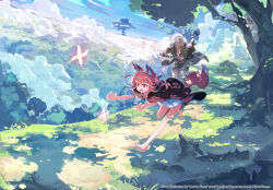 Rule 34 | 1boy, 1girl, animal ear fluff, animal ears, barefoot, brown hair, bug, butterfly, cloak, cloud, commentary, english commentary, grass, hair bun, insect, k3nzoteruta, leaf, leaning forward, open mouth, original, outdoors, outstretched arm, red eyes, rock, scenery, sky, tree, white hair