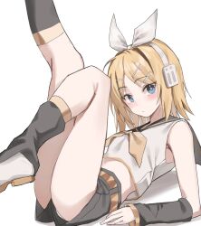 1girl absurdres black_leg_warmers black_sailor_collar black_shorts black_sleeves blonde_hair blue_eyes bow closed_mouth detached_sleeves dot_mouth dot_nose expressionless feet_out_of_frame hair_bow hair_ornament hairclip headphones highres kagamine_rin leg_warmers legs_up lying midriff neckerchief on_back panties pantyshot parallel_hairclips sailor_collar scarlet_(wv0102) school_uniform shirt short_hair shorts simple_background solo underwear vocaloid white_background white_bow white_panties white_shirt yellow_neckerchief