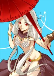 1boy 1girl alternate_color bikini blush breasts brown_skirt cleavage commentary cowboy_shot dancer_(ragnarok_online) english_commentary fumiddition gem harem_pants heart heart_of_string holding holding_umbrella hunter_(ragnarok_online) long_hair looking_at_viewer medium_breasts navel pants ragnarok_online red_eyes red_gemstone red_umbrella see-through_clothes see-through_pants showgirl_skirt simple_background skirt smile solo_focus swimsuit umbrella white_bikini white_hair wristband