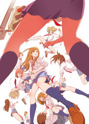 6+girls battle blood blood_on_hands convenient_censoring fighting fighting_stance flying_kick highres kicking kneehighs mebae multiple_girls necktie original punching school_uniform sleeves_rolled_up socks spread_legs traffic_light