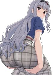 1girl :o ass ass_focus blue_shirt blush from_behind grey_hair grey_skirt hairband hands_on_own_hips highres idolmaster idolmaster_(classic) idolmaster_million_live! idolmaster_million_live!_theater_days long_hair looking_at_viewer looking_back open_mouth parted_lips perapera plaid_clothes plaid_skirt red_eyes shijou_takane shirt short_sleeves simple_background skirt skirt_hold solo squatting white_background
