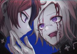 2boys absurdres aotsuki_eito bleeding blood blood_from_mouth blood_on_face bloody_tears blue_background blue_eyes eye_contact eyelashes glasses gloves hand_up highres last_defense_academy_school_uniform looking_at_another male_focus multicolored_eyes multicolored_hair multiple_boys open_mouth parted_hair purple_eyes purple_hair red_eyes red_hair simple_background sumino_takumi teeth the_hundred_line_-last_defense_academy- upper_body upper_teeth_only white_gloves white_hair