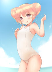 Rule 34 | 1girl, blue sky, breasts, cloud, double bun, hair bun, highres, iris mysteria!, ladis (iris mysteria!), ocean, one-piece swimsuit, purple eyes, school swimsuit, sky, small breasts, smile, swimsuit, tongue, tongue out, white one-piece swimsuit, yuu (yumezakura)