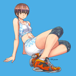 1girl abs arm_support artist_name bike_shorts blue_background brown_eyes brown_hair crop_top fujisawa_takashi midriff original shoes short_hair shorts simple_background sneakers solo tank_top white_shorts white_tank_top