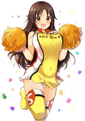 1girl blush breasts brown_hair character_request cheerleader confetti himekawa_yuki idolmaster idolmaster_cinderella_girls large_breasts leg_up long_hair menokonome navel_piercing open_mouth piercing pom_pom_(cheerleading) sleeveless smile solo white_background