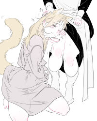Rule 34 | 0820 lakia, 2girls, absurdres, animal ears, apron, barefoot, black dress, blonde hair, blush, clothes lift, commentary request, dog ears, dog girl, dog tail, dress, hand on another&#039;s head, hand on another&#039;s thigh, highres, kneehighs, korean commentary, lap pillow, long hair, maid apron, multiple girls, original, petting, pink dress, simple background, skirt, skirt lift, smile, socks, tail, toes, white background, yuri