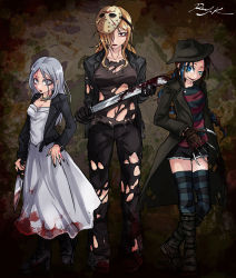 3girls :o a_nightmare_on_elm_street aqua_eyes aurelia_(dorei_to_no_seikatsu) bat_(animal) black_coat black_footwear black_gloves black_headwear black_jacket black_nails black_pants black_shirt blonde_hair blood blood_on_clothes bloody_weapon blue_eyes blue_hair boots braid breasts bride_of_chucky brown_gloves brown_hair burn_scar child&#039;s_play claw_(weapon) cleavage coat commentary cosplay cutoffs dorei_to_no_seikatsu_~teaching_feeling~ earclip evil_smile freddy_krueger freddy_krueger_(cosplay) friday_the_13th full_body gloves grey_eyes hair_over_one_eye heterochromia high_heel_boots high_heels highres hockey_mask holding holding_knife holding_sword holding_weapon jacket jason_voorhees jason_voorhees_(cosplay) jewelry knife long_hair long_skirt long_sleeves looking_at_viewer machete mask mask_on_head medium_breasts multicolored_hair multiple_girls nail_polish necklace nephy_(dorei_to_no_seikatsu) open_clothes open_jacket pants ray-k red_eyes scar shirt short_shorts shorts signature silver_hair single_braid skirt small_breasts smile smirk streaked_hair striped_clothes striped_legwear striped_shirt striped_thighhighs sword sylvie_(dorei_to_no_seikatsu) thighhighs tiffany_(bride_of_chucky) tiffany_(bride_of_chucky)_(cosplay) torn_clothes torn_jacket torn_pants torn_shirt uneven_eyes weapon white_shirt white_skirt