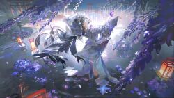 1girl absurdres alternate_costume evening floral_print floral_print_kimono flower full_body highres japanese_clothes kimono lantern light_smile looking_at_viewer looking_back multiple_torii official_alternate_costume official_art paper_lantern print_kimono punishing:_gray_raven ripples see-through_clothes see-through_headwear selena:_pianissimo_(pgr) selena_(pgr) smile solo torii uchikake water