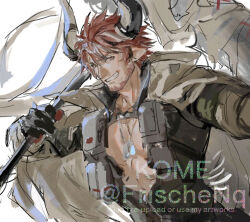 1boy abs animal_ears arknights artist_name bara beard commentary_request cow_ears cow_horns dog_tags facial_hair frischenq grin holding holding_polearm holding_scythe holding_weapon horns humus_(arknights) jewelry male_focus muscular muscular_male necklace open_clothes open_shirt pectorals pointy_ears polearm scythe smile watermark weapon
