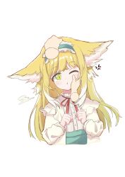 1girl 1other absurdres animal_ears arknights blonde_hair chinese_commentary commentary_request cropped_torso disembodied_hand eugrlt fox_ears fox_girl frilled_hairband frills green_eyes hairband highres long_hair long_sleeves neck_ribbon official_alternate_costume open_clothes red_ribbon ribbon shirt simple_background solo_focus suzuran_(arknights) suzuran_(spring_praise)_(arknights) white_background white_hair white_shirt