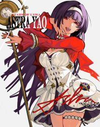 Rule 34 | 1girl, aislingxyz, angel, astra yao, black hair, breasts, cleavage, dress, earrings, hairband, highres, jacket, jewelry, large breasts, long hair, looking at viewer, necklace, pearl necklace, purple eyes, red eyes, red jacket, red shrug, smile, solo, thigh beads, uneven bangs, very long hair, white dress, white hairband, zenless zone zero
