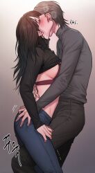 Rule 34 | 2girls, black hair, blush, bra, breasts, brown hair, closed eyes, clothes lift, grabbing another&#039;s ass, grinding, groping, highres, hug, kiss, kissing neck, long hair, medium breasts, multiple girls, original, pants, passionyurilove, rangrarii, shirt, shirt lift, short hair, sideboob, simple background, sweat, t-shirt, underwear, yuri