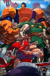 3boys 5boys abs armor belt brown_eyes brown_hair cape cloak commentary david_liu doctor_doom electricity english_commentary fingerless_gloves gloves glowing glowing_eyes green_cloak helmet highres holding holding_weapon hood leotard looking_at_viewer looking_up male_focus manly marvel marvel_vs._capcom marvel_vs._capcom_2 mask mecha mouth_mask multiple_boys muscular muscular_male ninja pants red_cape red_eyes red_scarf robot scarf sentinel_(x-men) sky strider_hiryuu superhero_costume sword tonfa weapon x-men x-men:_children_of_the_atom