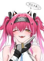 Rule 34 | 2girls, absurdres, bare shoulders, black bow, black gloves, bow, commentary request, female rover (wuthering waves), gloves, hair between eyes, hair bow, hair ornament, hairband, headgear, highres, light blush, long hair, looking at viewer, lupa (wuthering waves), maisurume, metal hairband, multiple girls, multiple hair bows, one eye closed, open mouth, partial commentary, partially fingerless gloves, pink hair, portrait, pov, pov hands, red pupils, rover (wuthering waves), simple background, smile, teeth, translation request, twintails, twitter username, upper teeth only, white background, wuthering waves, yellow eyes