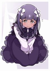 1girl blunt_bangs bow brown_eyes chofu_noriko commentary dress flying_sweatdrops frilled_dress frilled_shirt frilled_sleeves frills full_body hair_bow ikizulive!_love_live!_bluebird long_dress long_sleeves love_live! open_mouth puffy_long_sleeves puffy_sleeves purple_background purple_dress purple_hair purple_shirt raised_inner_eyebrows repunit shirt sidelocks sitting solo thick_eyebrows two_side_up white_bow