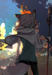 Rule 34 | 1girl, animal ears, arknights, fox ears, fox girl, fox tail, from behind, gloves, highres, holding, niwatori (akira 207), solo, sussurro (arknights), tail