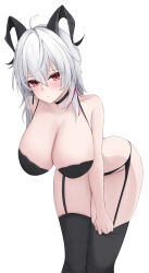 1girl absurdres ahoge alternate_breast_size bare_shoulders black_bra black_garter_belt black_garter_straps black_horns black_panties black_thighhighs blush bra breasts collarbone commentary cowboy_shot curled_horns earrings garter_belt garter_straps grey_hair hair_between_eyes highres horns izumiillus jewelry key_earrings large_breasts leaning_forward long_hair looking_at_viewer multicolored_hair panties parted_lips red_eyes simple_background solo streaked_hair thighhighs thighs underwear white_background wuthering_waves zani_(wuthering_waves)