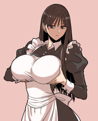 1girl absurdres apron black_dress breast_lift breasts breasts_squeezed_together brown_eyes brown_hair dress earrings greenb highres jewelry long_sleeves maid maid_apron original puffy_long_sleeves puffy_sleeves simple_background solo stud_earrings