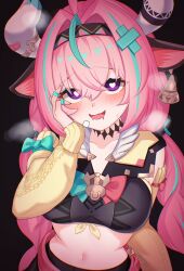 1girl absurdres ahoge animal_ears aqua_hair bandaid_on_horn bell bell_earrings blush braid breasts commentary_request cow_ears cow_girl cow_horns crop_top detached_sleeves drooling earrings ewaaawa genshin_impact hair_intakes hairband hand_on_own_cheek hand_on_own_face heart heart-shaped_pupils highres horns jewelry large_breasts long_hair long_sleeves looking_at_viewer low_twin_braids midriff mouth_drool multicolored_hair navel open_mouth pink_hair purple_eyes single_earring smile solo stomach streaked_hair symbol-shaped_pupils twin_braids varesa_(genshin_impact) white_horns yellow_sleeves