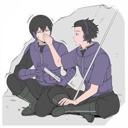 2boys black_footwear black_hair black_pants black_shirt blouse boots closed_eyes full_body gloves hair_slicked_back hand_on_own_leg hand_up headphones highres holding holding_sword holding_weapon indian_style jacket knee_boots long_sleeves looking_at_another male_focus miwa_shuuji multiple_boys on_one_knee outstretched_arm pants pants_tucked_in polearm profile purple_gloves purple_jacket shirt short_hair short_sleeves sitting surprised sword weapon white_background wince world_trigger yawai_tofu yoneya_yousuke