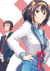 1boy 1girl absurdres belt blazer blue_sailor_collar blue_skirt brown_eyes brown_hair commentary_request green_jacket h_(letter) hair_between_eyes hair_ribbon hairband hands_in_pockets hands_on_own_hips highres jacket kita_high_school_uniform kyon long_sleeves looking_at_viewer necktie red_background red_necktie red_ribbon repurika ribbon sailor_collar school_uniform serafuku shirt short_hair simple_background skirt smile suzumiya_haruhi suzumiya_haruhi_no_yuuutsu two-tone_background white_background white_shirt yellow_hairband yellow_ribbon