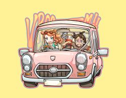 1boy 1girl absurdres antenna_hair bomhat brown_hair car commentary creatures_(company) driving eyelashes eyewear_on_head game_freak gen_8_pokemon goh_(pokemon) green_eyes green_nails green_shirt hair_ornament heart heart_hair_ornament highres long_hair motor_vehicle nail_polish nintendo open_mouth orange_hair pokemon pokemon_(anime) pokemon_(creature) pokemon_journeys pokemon_swsh042 raboot ribbed_shirt scared seatbelt shaded_face shirt short_sleeves side_ponytail sitting smile sobble sonia_(pokemon) sunglasses tearing_up teeth tongue vehicle_focus yellow_background