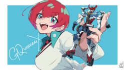 1girl absurdres amate_yuzuriha artist_name blue_background border breasts collared_shirt commentary copyright_name crescent crescent_earrings diagonal-striped_clothes diagonal-striped_necktie earrings fingernails foreshortening gquuuuuux green_eyes green_shirt gundam gundam_gquuuuuux gunpla highres holding jewelry large_breasts long_fingernails long_sleeves looking_at_viewer model_kit necktie open_mouth outside_border outstretched_arms rangut red_hair school_uniform shirt short_hair smile solo striped_clothes sweater upper_body white_border white_sweater