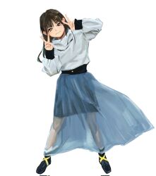 1girl bang_dream! bang_dream!_it&#039;s_mygo!!!!! black_eyes black_hair blue_skirt chinese_commentary closed_mouth commentary_request corrupted_twitter_file double_v full_body highres kohinata_mika long_hair long_sleeves looking_at_viewer nagasaki_soyo simple_background skirt solo sweater v voice_actor voice_actor_connection white_background white_sweater xiao_huajii