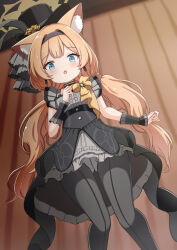 1girl absurdres black_headband black_overskirt black_pantyhose blue_archive choker commentary_request dress flower flower_hat fluffy_hair frilled_choker frills from_below grey_dress grey_feathers halo hat hat_flower headband highres idol idol_clothes jiu_(sdesd3205) long_hair looking_at_viewer low_twintails mari_(blue_archive) mari_(idol)_(blue_archive) mini_hat mini_top_hat official_alternate_costume panties panties_under_pantyhose pantyhose pantyshot rose solo top_hat twintails underwear white_panties wrist_wrap yellow_flower yellow_halo yellow_rose