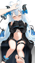 1girl ^_^ absurdres akugaki_koa antenna_hair barefoot black_coat black_panties black_shorts black_shrug blue_bow blue_hair blush bow closed_eyes coat commentary_request commission crescent_pendant cuffs demon_girl demon_horns demon_tail demon_wings ekarisu foot_up frown hair_bow hands_up head_tilt headpat heart_antenna_hair highleg highleg_panties highres horns idol_corp long_hair low_wings micro_shorts navel nose_blush o-ring o-ring_thigh_strap off_shoulder own_hands_together panties pixiv_commission pov pov_hands shackles shorts shrug_(clothing) simple_background sitting sleeves_past_fingers sleeves_past_wrists smile stomach tail thigh_strap torn_clothes torn_shorts underwear very_long_hair virtual_youtuber wavy_mouth white_background wings
