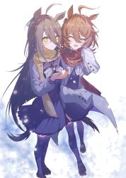 2girls agnes_tachyon_(umamusume) ahoge animal_ears black_hair bow bowtie brown_hair chemical_structure closed_eyes ear_piercing earrings full_body hair_between_eyes highres horse_ears horse_girl horseshoe_ornament jewelry lab_coat loafers long_bangs long_hair long_sleeves manhattan_cafe_(umamusume) messy_hair multiple_girls ninaki999 piercing pleated_skirt purple_shirt purple_skirt purple_thighhighs red_scarf sailor_collar sailor_shirt scarf school_uniform shirt shoes short_hair single_earring skirt sleeves_past_fingers sleeves_past_wrists thighhighs tracen_school_uniform umamusume white_bow white_bowtie white_hair yellow_eyes yellow_scarf
