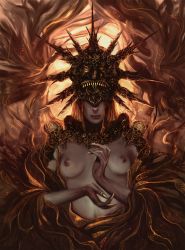 1boy anato_finnstark blonde_hair breasts colored_skin covered_eyes dark_souls_(series) dark_souls_i dark_sun_gwyndolin fingernails gold_nails grey_skin helmet highres lips long_hair male_focus man_boobs mask mask_on_head medium_breasts nail_polish nipples sharp_fingernails solo trap upper_body veil white_hair