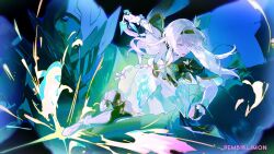 1girl aqua_skirt armor artist_name black_bridal_gauntlets black_hairband black_thighhighs blue_eyes bridal_gauntlets commentary english_commentary firefly_(honkai:_star_rail) grey_hair hairband highres holding honkai:_star_rail honkai_(series) light long_hair multicolored_eyes pembiklimon power_armor purple_eyes running sam_(honkai:_star_rail) shirt single_bridal_gauntlet skirt thighhighs two-tone_eyes white_armor white_shirt