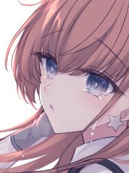 1girl atlanta_(kancolle) close-up commentary crying crying_with_eyes_open earrings english_commentary gloves grey_eyes jewelry kabocha_torute kantai_collection long_hair pink_hair portrait simple_background solo star_(symbol) star_earrings tears white_background