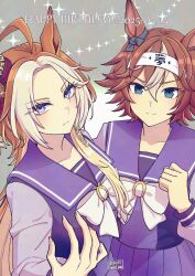 2girls adversarial_noise ahoge animal_ears bamboo_memory_(umamusume) blue_eyes bow bowtie breasts brown_hair clenched_hand closed_mouth dated ear_ornament frown green_eyes grey_background happy_birthday headband hi_(ibisf5umauma) highres horse_ears long_hair long_sleeves looking_at_viewer multicolored_hair multiple_girls orange_hair orfevre_(umamusume) parted_bangs purple_shirt purple_skirt sailor_collar shirt short_hair skirt small_breasts smile streaked_hair twitter_username two-tone_hair umamusume white_hair