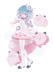 1girl blue_hair blush boots bow braid dress eyepatch flower full_body hair_ornament highres long_hair looking_at_viewer memuro original personification pink_bow pink_dress pink_eyes pokemon pokemon_(creature) short_sleeves smile solo thighhighs twitter_username white_background