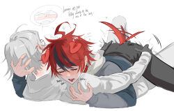 2boys ahoge animal_ears aotsuki_eito black_gloves black_pants closed_eyes commentary dog_ears dog_tail dry_humping english_commentary english_text fang glasses gloves grabbing_another&#039;s_ass grey_jacket groping hand_on_another&#039;s_head highres humping jacket male_focus multicolored_hair multiple_boys open_mouth pants red_hair ropi_(gmkr_66) saliva short_hair simple_background streaked_hair sumino_takumi sweat tail tail_wagging tears the_hundred_line_-last_defense_academy- white_background white_jacket white_pants yaoi