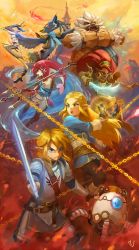 Rule 34 | bad id, bad twitter id, daruk, facial mark, forehead mark, forehead tattoo, gerudo, goron, highres, hyrule warriors, hyrule warriors: age of calamity, link, master sword, mipha, nintendo, pointy ears, princess zelda, revali, rito, rv (gvdn7245), sheikah slate, simple background, soldier&#039;s set (zelda), terrako, the legend of zelda, the legend of zelda: breath of the wild, urbosa, weapon, zora
